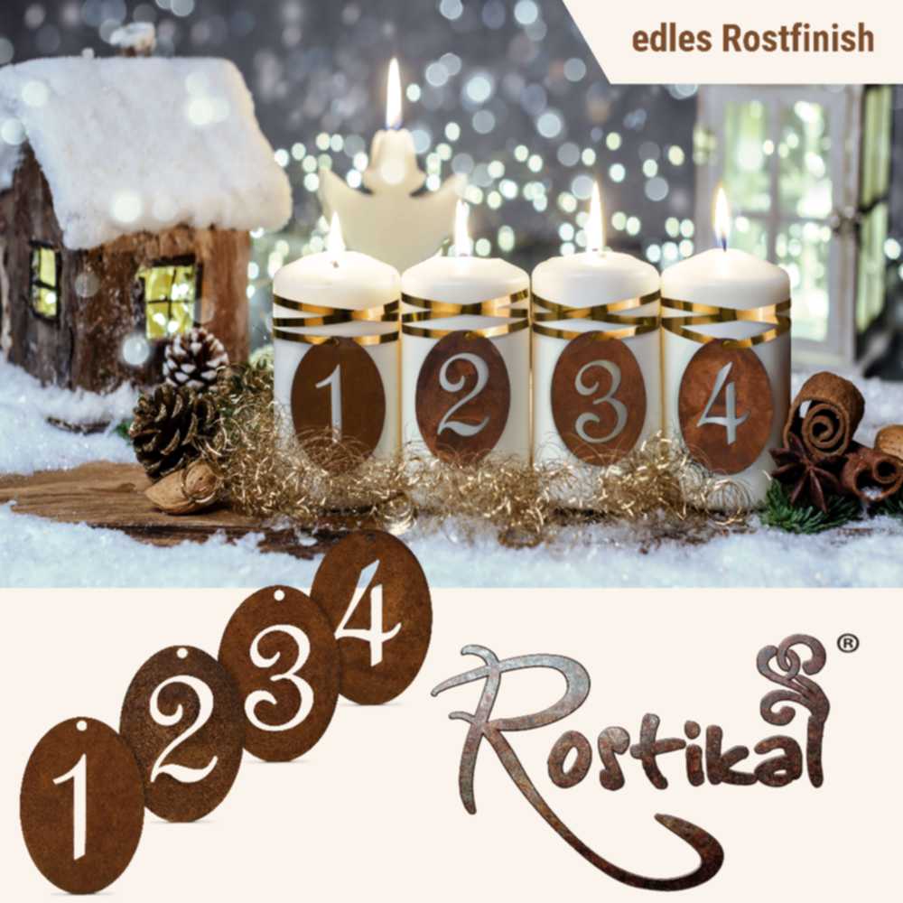 Adventsdeko Zahlen 1 - 4, aus rostigem Metall, Weihnachts und Advents Dekoration
