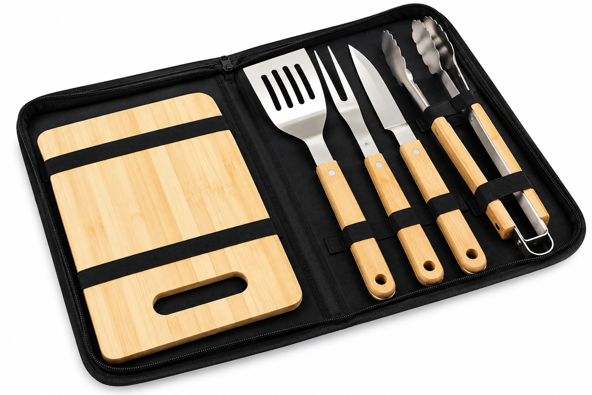 BBQ-First Classic Grillbesteck-Set, 7-teilig mit Tragetasche – Edelstahl Grillzubehör mit Holzgriffen