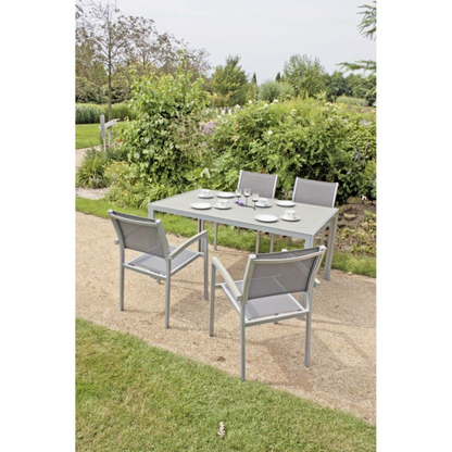 Gartengruppe GRACE – 5-teiliges Set aus Aluminium & Spraystone-Tisch