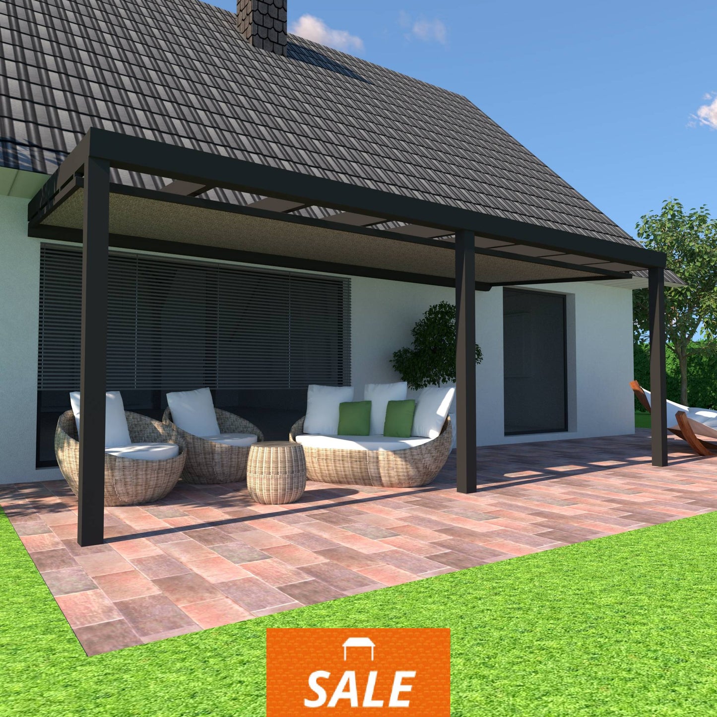 Schweng Terrassenüberdachung S400 mit Unterdachmarkise - 5,87 m x 3,78 m - inkl. Montage