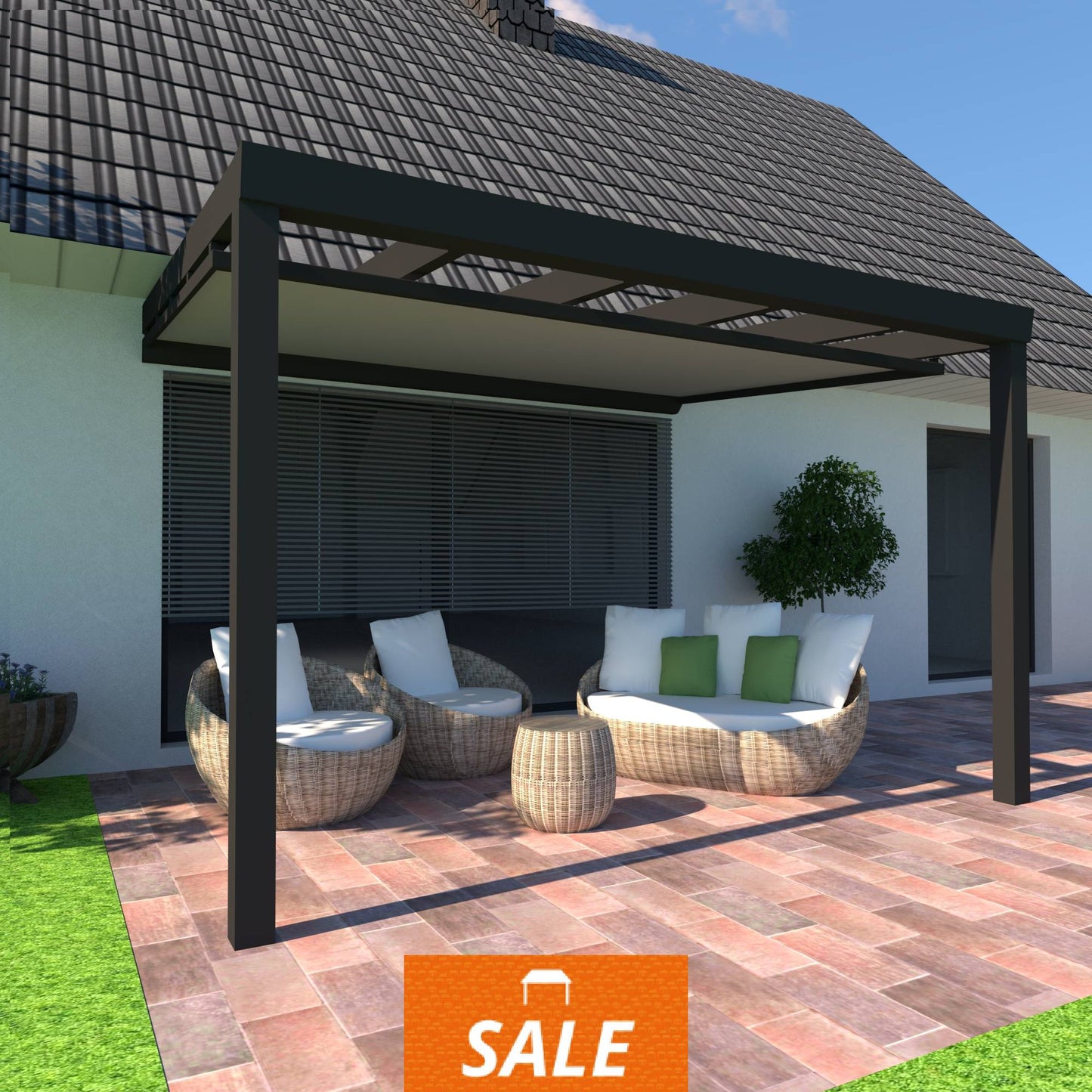 Schweng Terrassenüberdachung S400 mit Unterdachmarkise - 3,46 m x 2,73 m - inkl. Montage