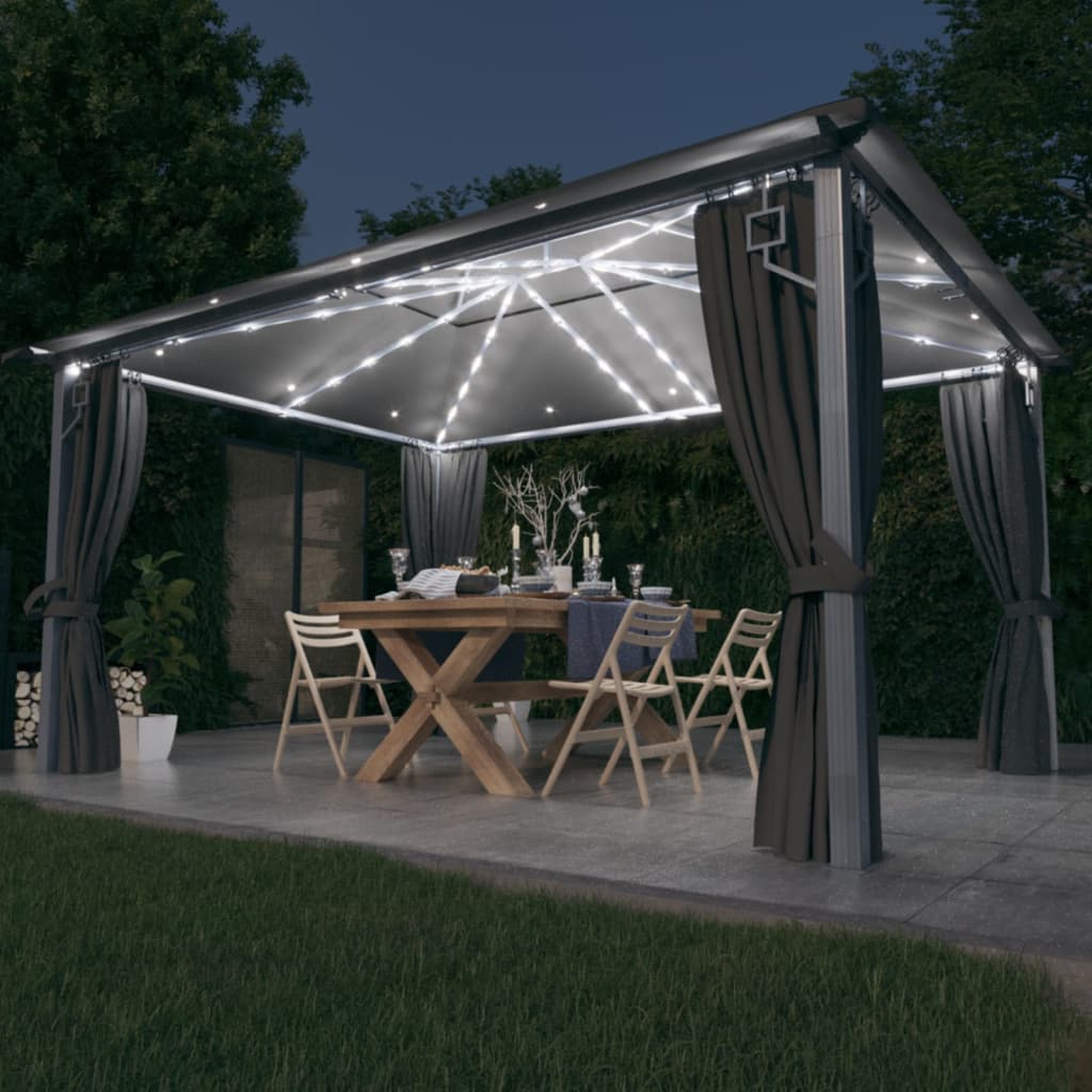Pavillon mit Vorhängen & LED-Lichterkette Alu 400 x 300 x 270 cm