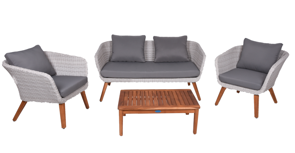 Sitzgruppe ARONA, 4-teilig – Stilvolles Outdoor-Design aus Aluminium, Akazienholz & Kunststoffgeflecht