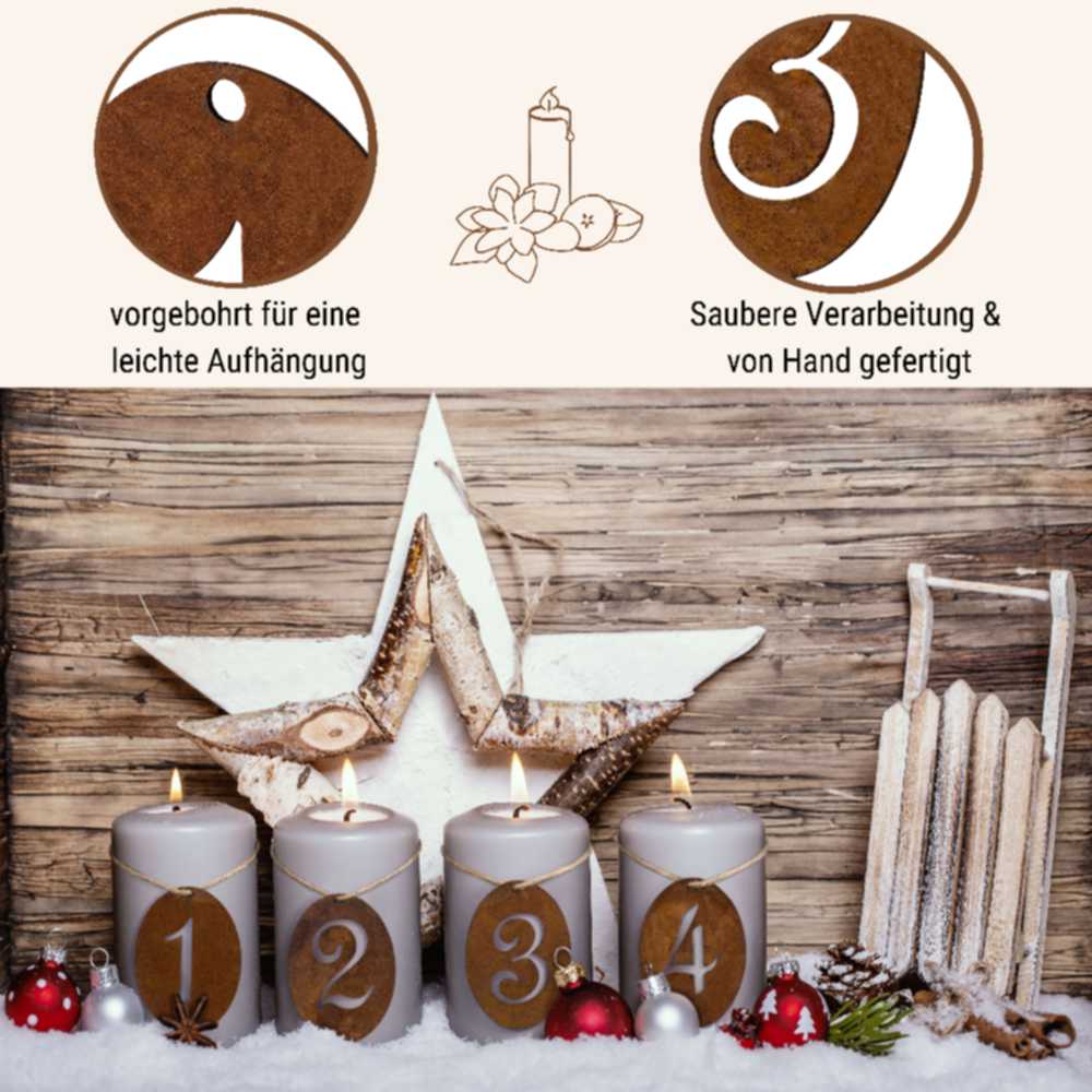 Adventsdeko Zahlen 1 - 4, aus rostigem Metall, Weihnachts und Advents Dekoration