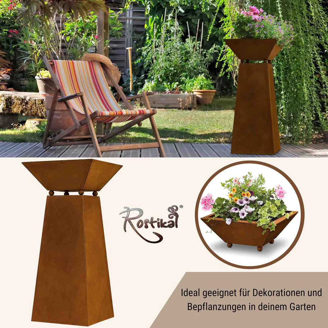 Metall Rost Gartendeko Säule mit Pflanzschale in Edelrost - Dekosäule Garten