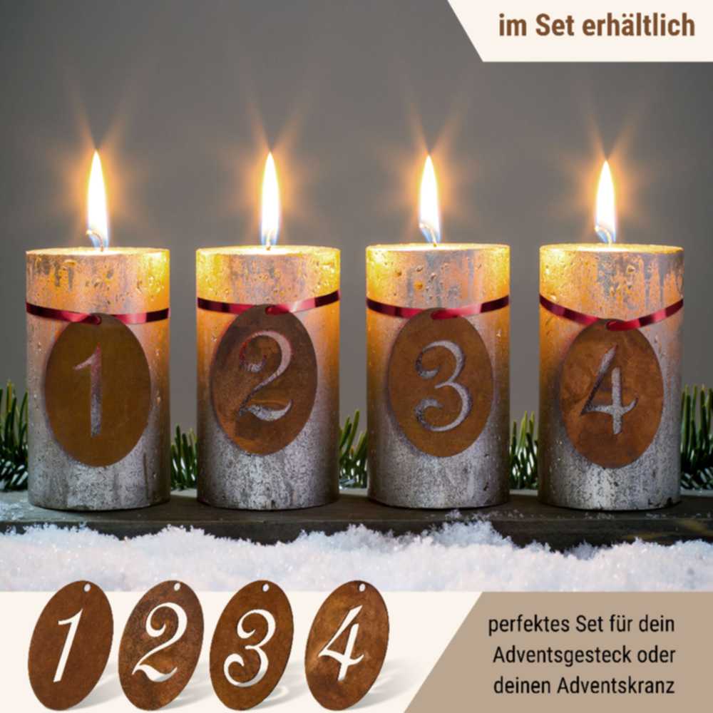 Adventsdeko Zahlen 1 - 4, aus rostigem Metall, Weihnachts und Advents Dekoration