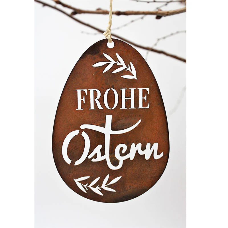 Edelrost Ostereier Deko Set 'Frohe Ostern' zum hängen | Metall Ostern Hängedeko - Handgemachte Spitzenqualität