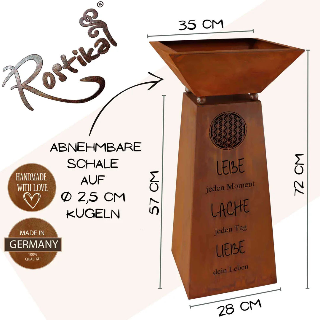 Rost Deko Pflanzsäule mit Blume des Lebens & Lebensspruch