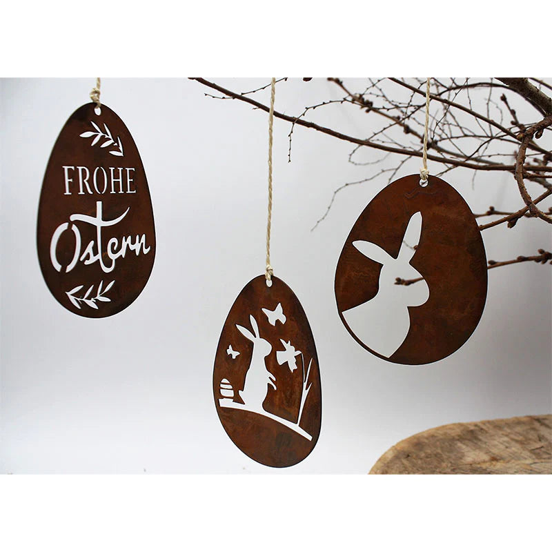 Edelrost Ostereier Deko Set 'Frohe Ostern' zum hängen | Metall Ostern Hängedeko - Handgemachte Spitzenqualität