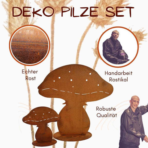 Edelrost Pilze, rostige Herbstdeko aus Metall für Haus und Garten | 30 und 15 cm hoch