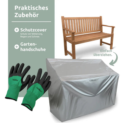 Gartenbank aus Holz mit Schutzabdeckung und Gartenhandschuhen