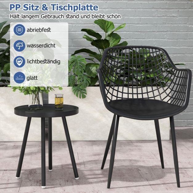 3-teiliges Terrassenmöbel-Set Bistrostühle und Beistelltisch mit Sitzflächen + Tischplatte aus PP Schwarz
