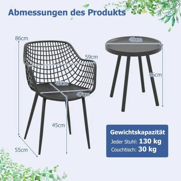 3-teiliges Terrassenmöbel-Set Bistrostühle und Beistelltisch mit Sitzflächen + Tischplatte aus PP Schwarz