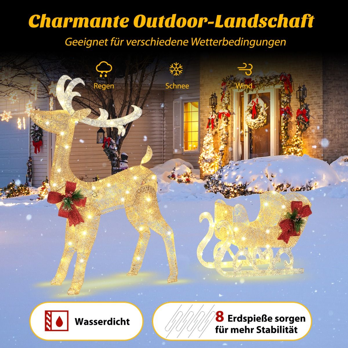 Beleuchtetes Weihnachts-Rentier mit Schlitten