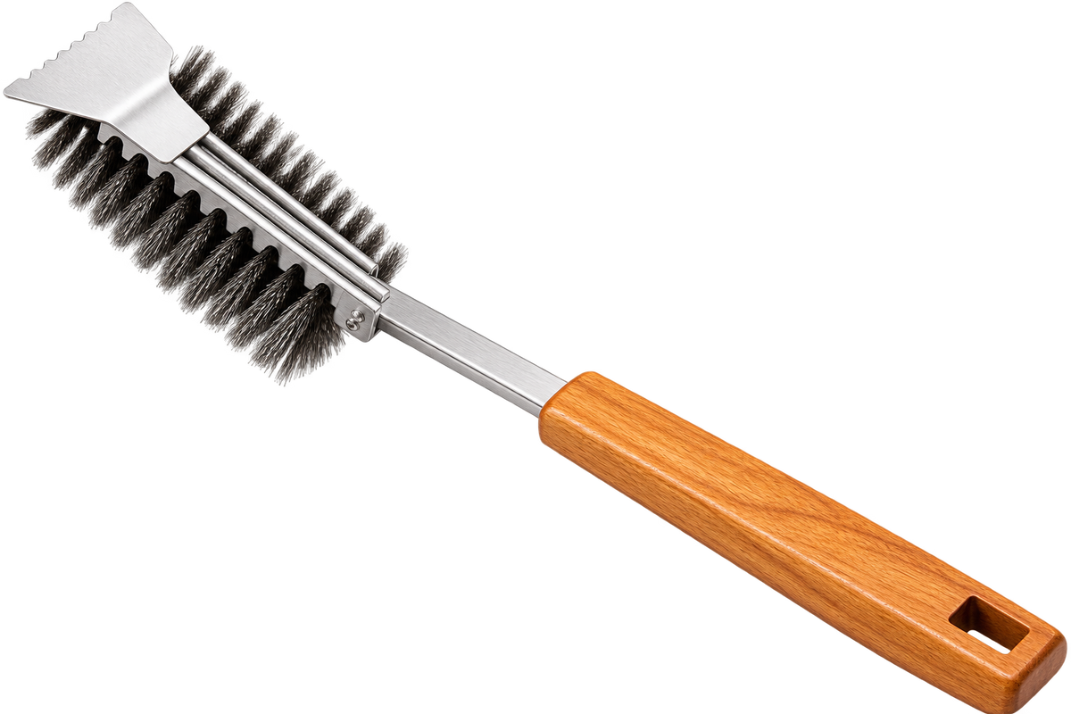BBQ-First Grillreinigungsbürste mit Holzgriff – Edelstahl Grillbürste zur Grillrost-Reinigung, 42,5 cm