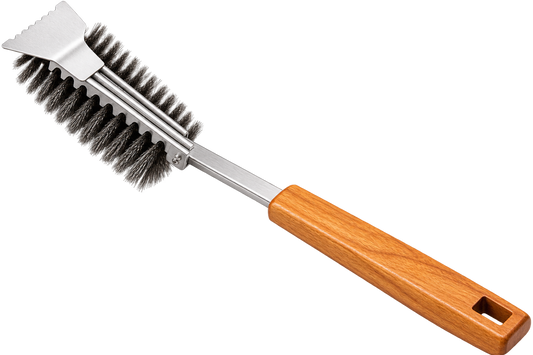 BBQ-First Grillreinigungsbürste mit Holzgriff – Edelstahl Grillbürste zur Grillrost-Reinigung, 42,5 cm
