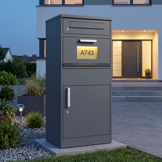 Schweng 2-in-1 Paketbox mit Briefkasten und LED-Beleuchtung – Verzinkter Stahl, abschließbar, 112 cm