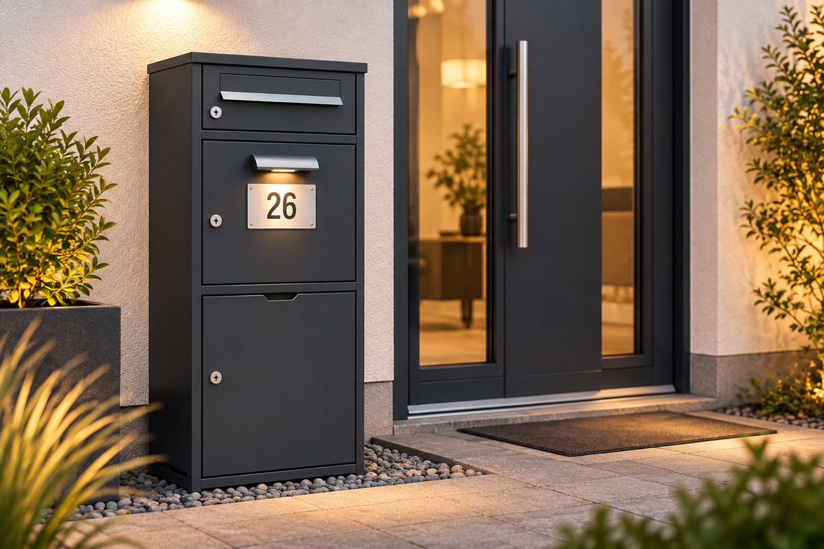 Schweng 2-in-1 Paketbox mit Briefkasten und LED-Beleuchtung – Verzinkter Stahl, abschließbar, 112 cm