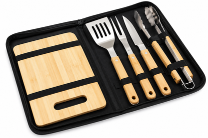 BBQ-First Classic Grillbesteck-Set, 7-teilig mit Tragetasche – Edelstahl Grillzubehör mit Holzgriffen