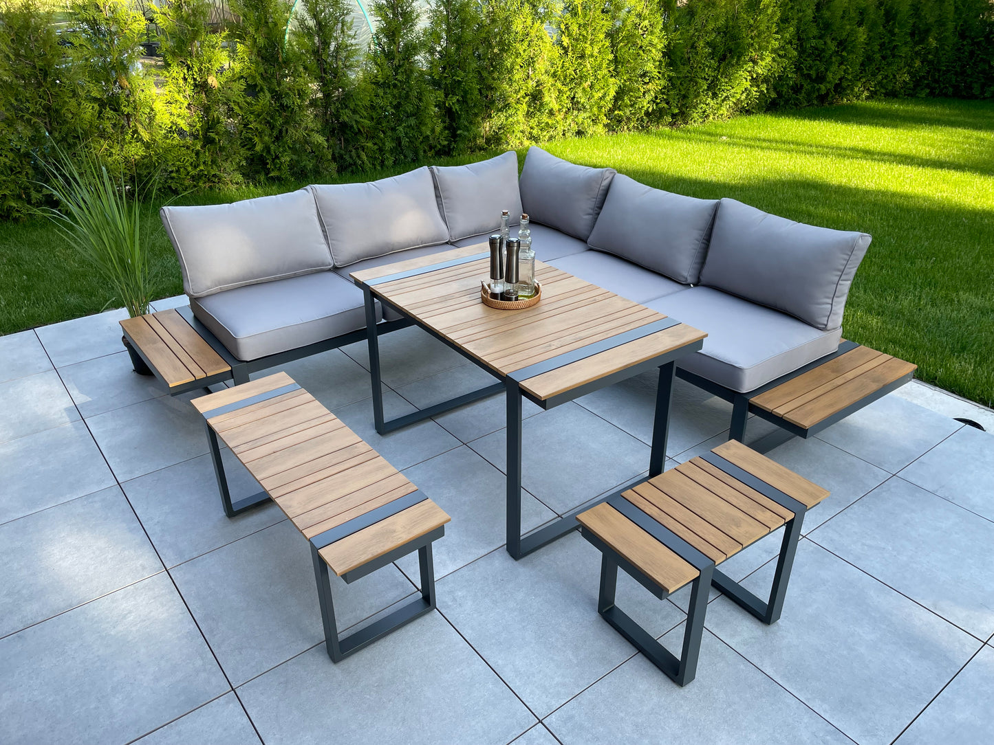 Lounge-Eckgruppe BELMIRA – 6-teiliges Gartenmöbel-Set aus Aluminium, Nonwood und Polyester