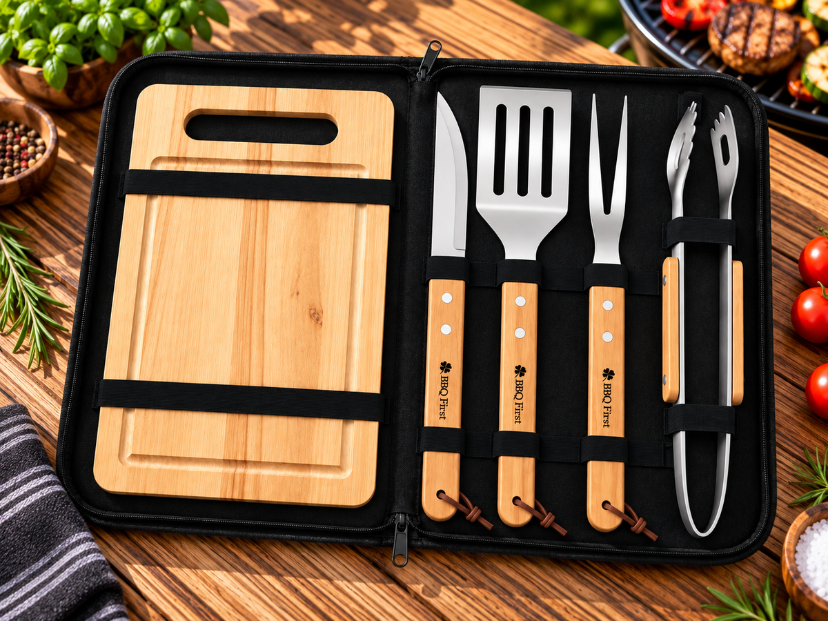 BBQ-First Classic Grillbesteck-Set, 5-teilig mit Tragetasche – Edelstahl Grillzubehör mit Holzgriffen