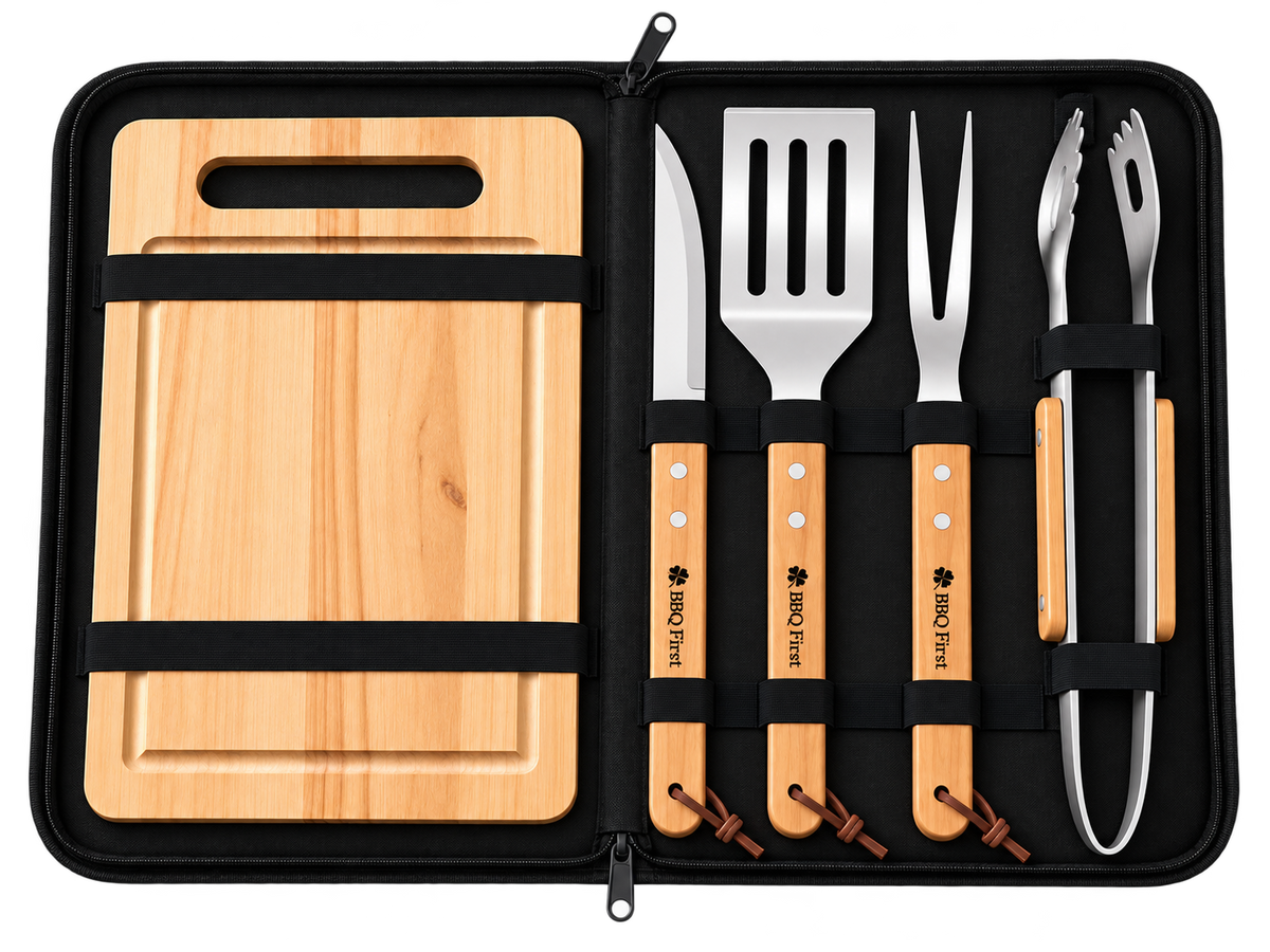 BBQ-First Classic Grillbesteck-Set, 5-teilig mit Tragetasche – Edelstahl Grillzubehör mit Holzgriffen