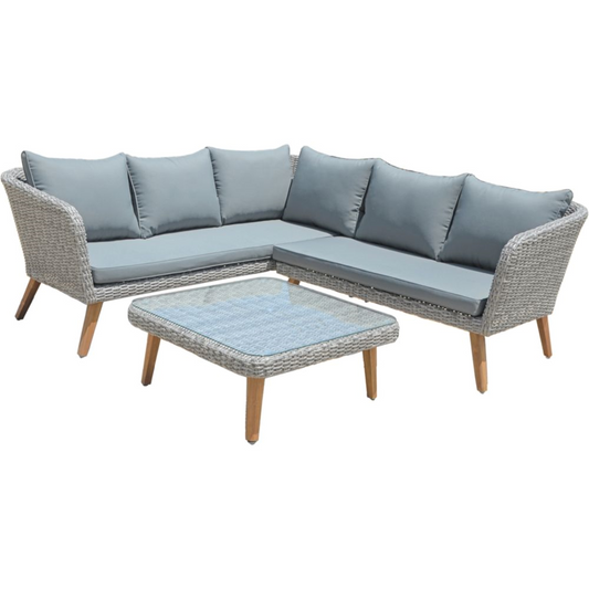 Lounge-Set PAMPLONA – stilvolles Gartenmöbel-Set aus Aluminium, Akazie & Kunststoffgeflecht in Grau oder Anisbraun.