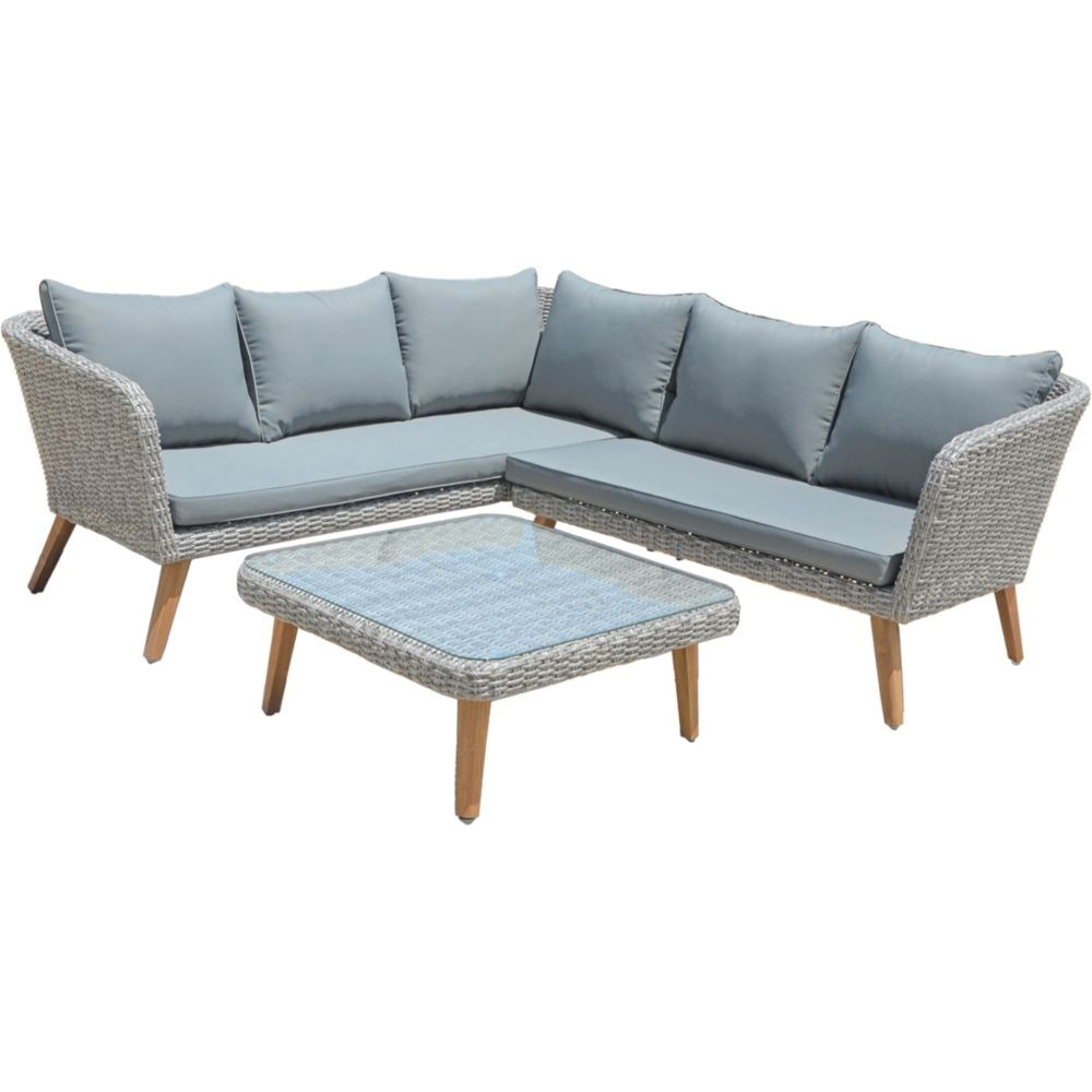 Lounge-Set PAMPLONA – stilvolles Gartenmöbel-Set aus Aluminium, Akazie & Kunststoffgeflecht in Grau oder Anisbraun.