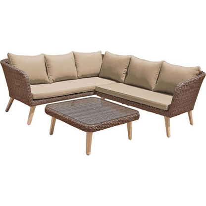 Lounge-Set PAMPLONA – stilvolles Gartenmöbel-Set aus Aluminium, Akazie & Kunststoffgeflecht in Grau oder Anisbraun.