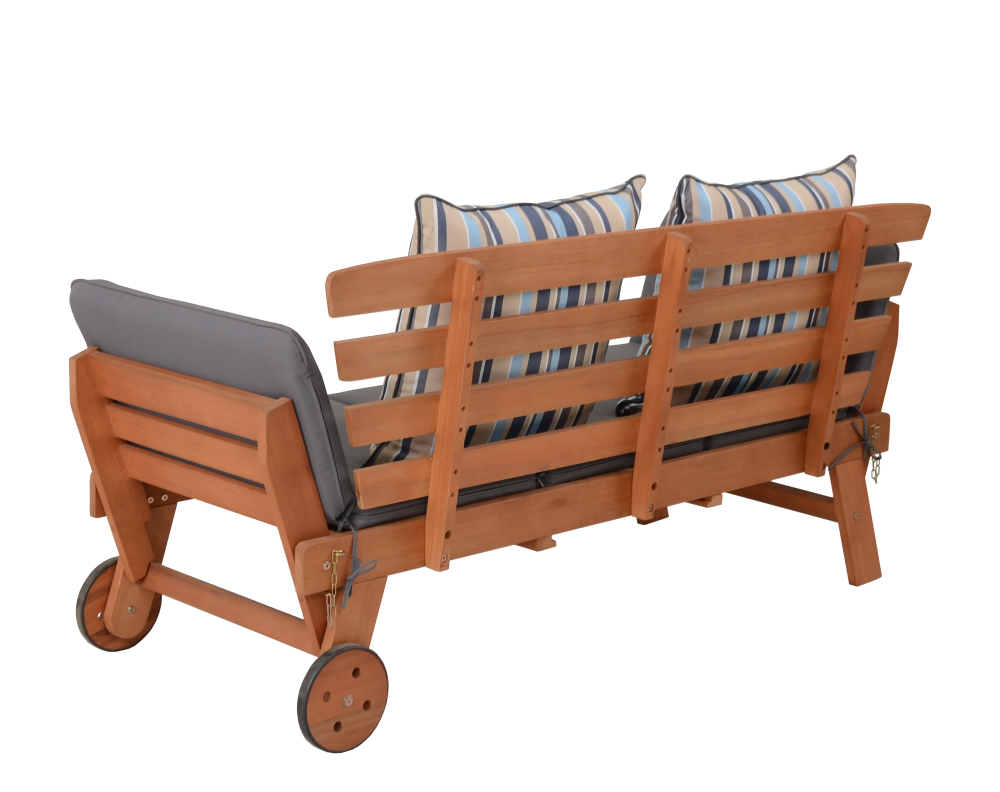 RINCON Funktionssofa aus FSC® Eukalyptusholz – mit Auflage & Ausziehtisch