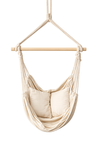 Hängesessel Beige – 130 × 100 cm inkl. 2 Kissen, Seil, Holzstab & S-Hake