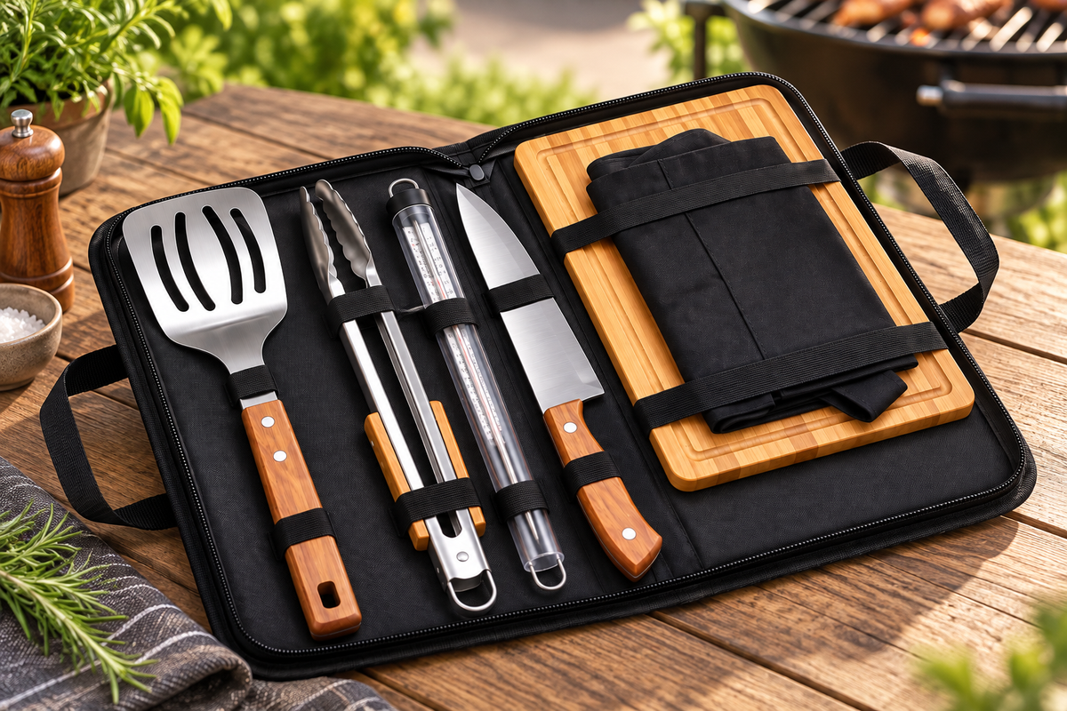 BBQ-First Premium Grillbesteck-Set, 6-teilig mit Tragetasche – Hochwertiges Edelstahl-Grillzubehör