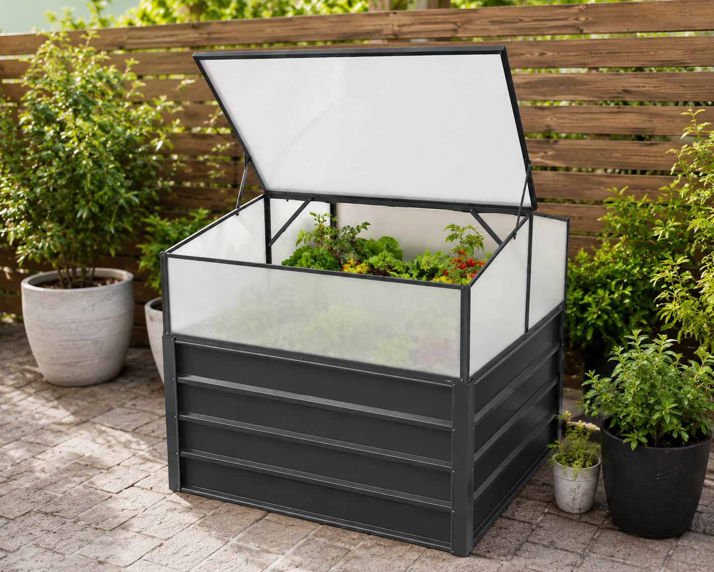 Anzuchtkasten mit Frühbeetaufsatz 108 × 110 × 104/152 cm – Hochbeet mit Polycarbonatdeckel