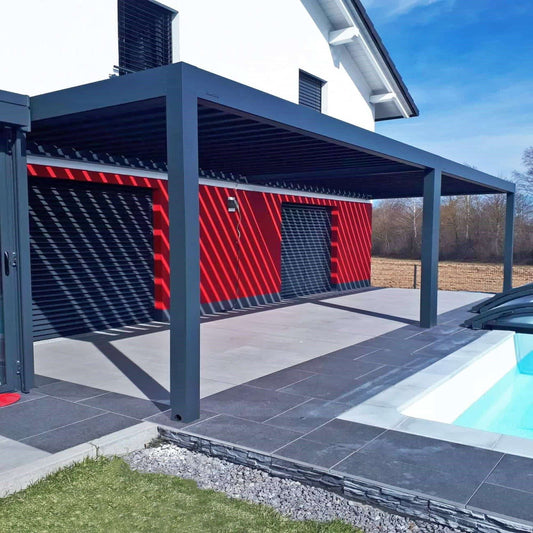Lamellenpergola B160 XL – konfigurierbar - Weiß RAL 9016 Feinstruktur - Breite 3,43 m; 3,36 m; 3,29 m