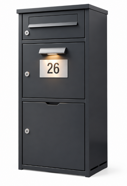 Schweng 2-in-1 Paketbox mit Briefkasten und LED-Beleuchtung – Verzinkter Stahl, abschließbar, 112 cm