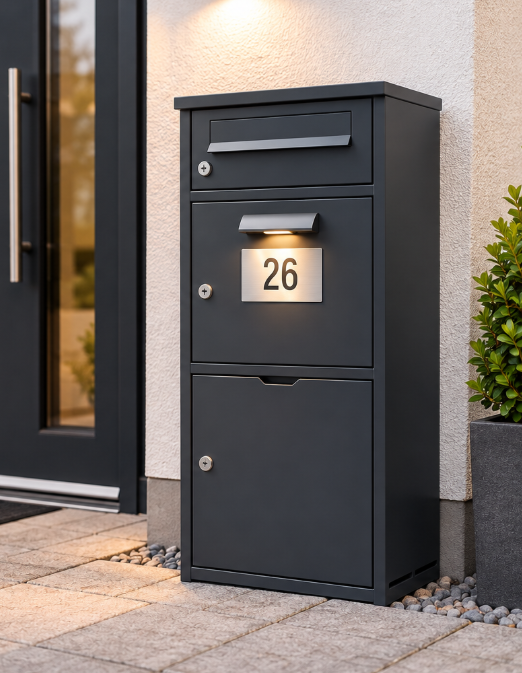 Schweng 2-in-1 Paketbox mit Briefkasten und LED-Beleuchtung – Verzinkter Stahl, abschließbar, 112 cm