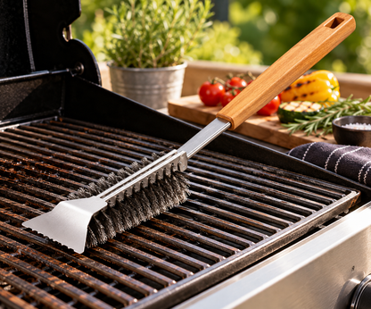 BBQ-First Grillreinigungsbürste mit Holzgriff – Edelstahl Grillbürste zur Grillrost-Reinigung, 42,5 cm