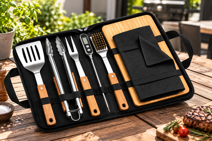 BBQ-First Premium Grillbesteck-Set, 7-teilig mit Tragetasche – Hochwertiges Edelstahl-Grillzubehör