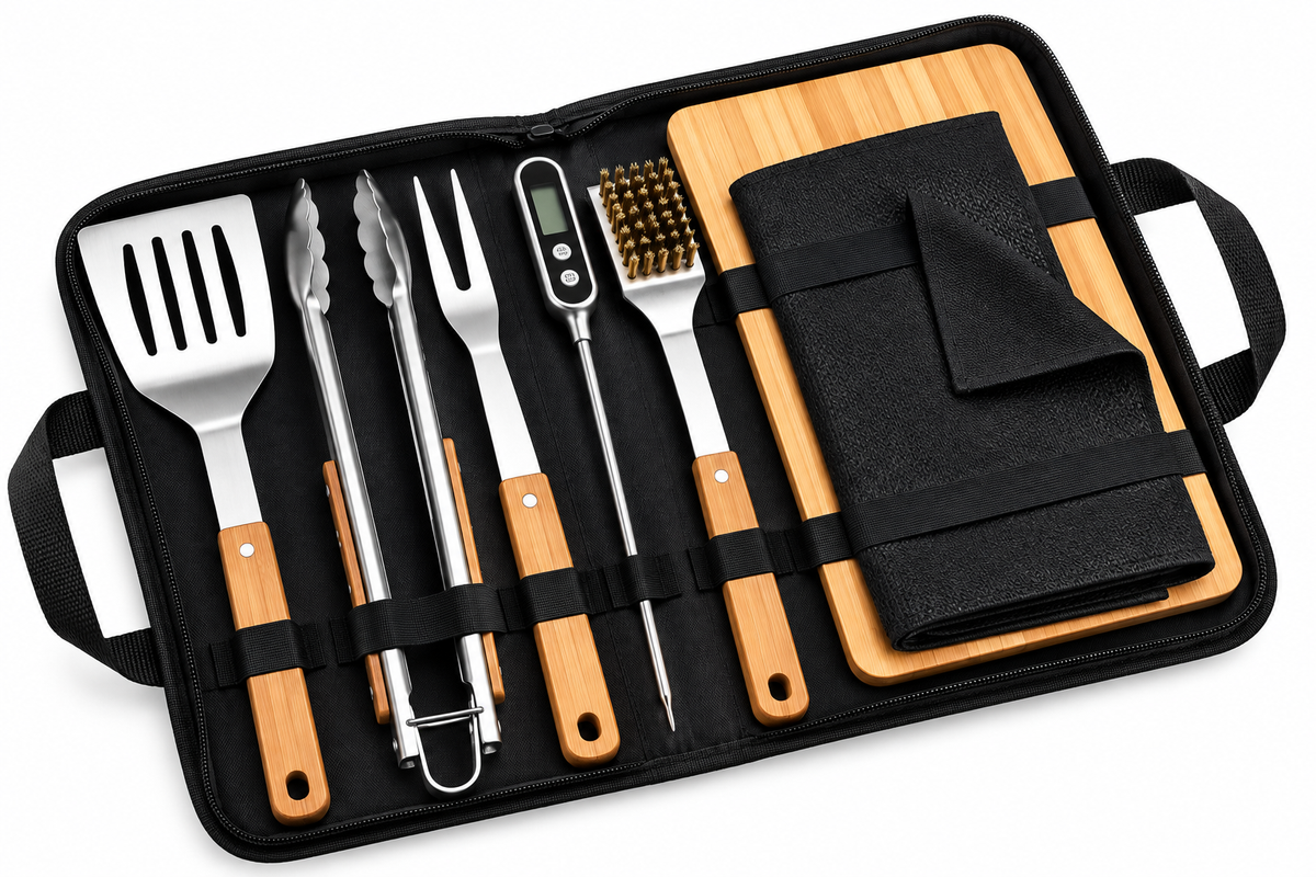 BBQ-First Premium Grillbesteck-Set, 7-teilig mit Tragetasche – Hochwertiges Edelstahl-Grillzubehör