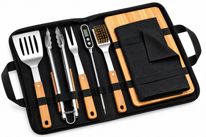 BBQ-First Premium Grillbesteck-Set, 7-teilig mit Tragetasche – Hochwertiges Edelstahl-Grillzubehör