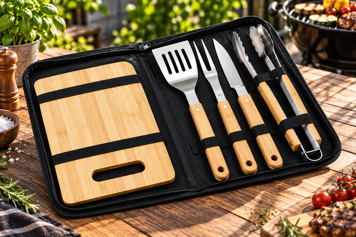 BBQ-First Classic Grillbesteck-Set, 7-teilig mit Tragetasche – Edelstahl Grillzubehör mit Holzgriffen