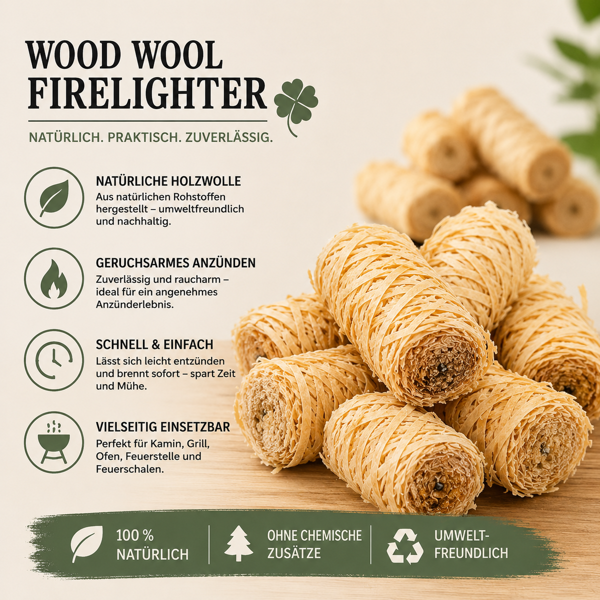 Holzwolle Feueranzünder 200 Stück – für Kamin, Ofen & Grill