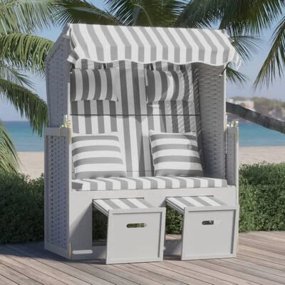 vidaXL Strandkorb mit Kissen Poly Rattan und Massivholz Grau & Weiß