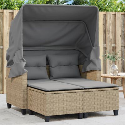 vidaXL Gartensofa 2-Sitzer mit Dach und Hockern Beige Poly Rattan