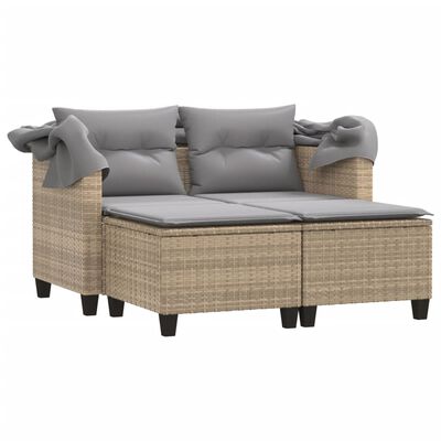 vidaXL Gartensofa 2-Sitzer mit Dach und Hockern Beige Poly Rattan