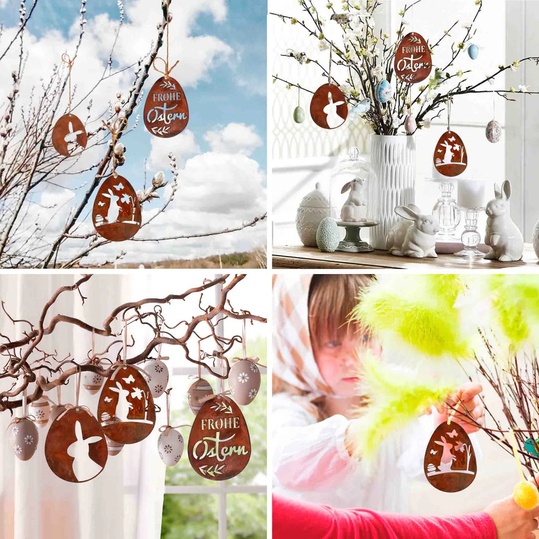 Edelrost Ostereier Deko Set 'Frohe Ostern' zum hängen | Metall Ostern Hängedeko - Handgemachte Spitzenqualität