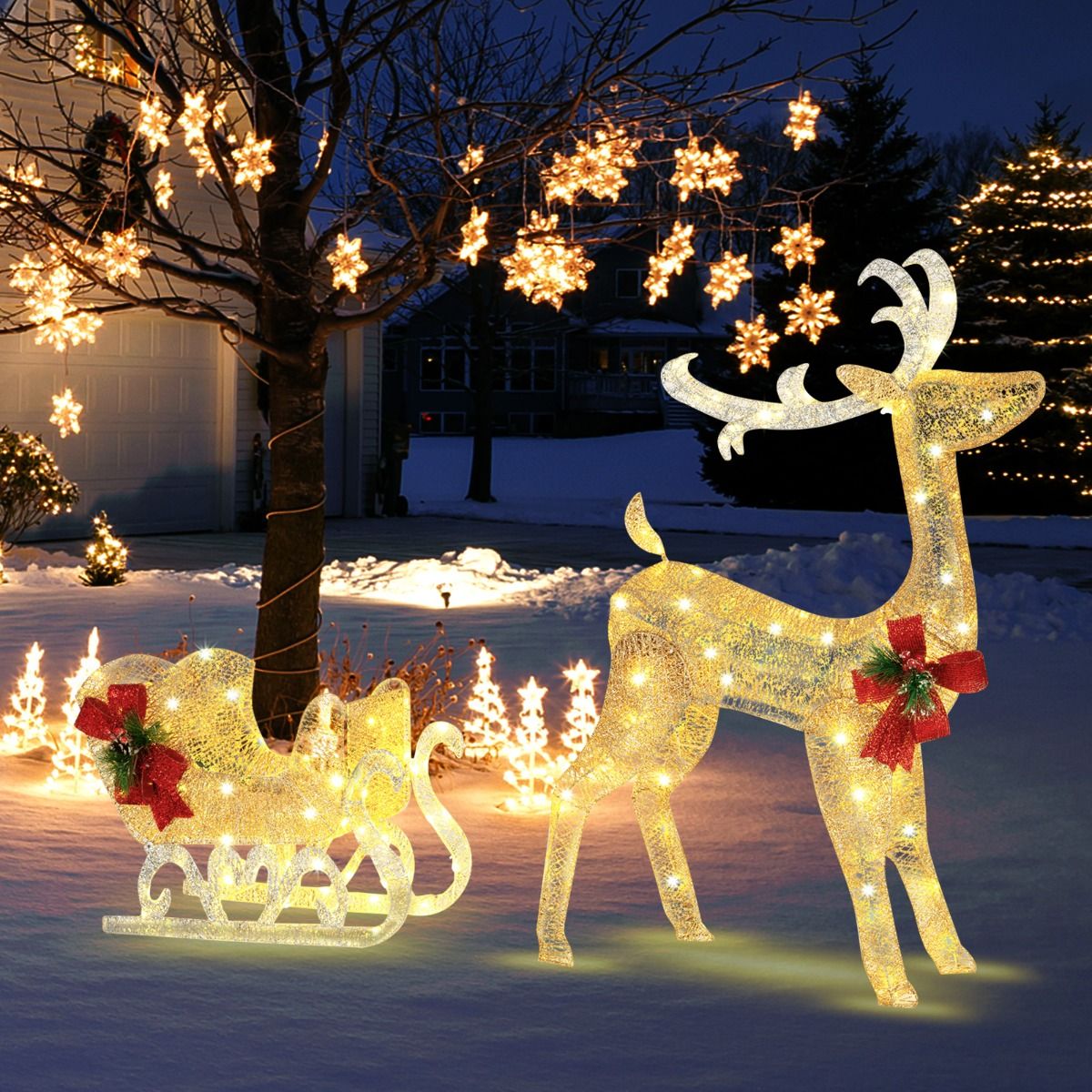 Beleuchtetes Weihnachts-Rentier mit Schlitten