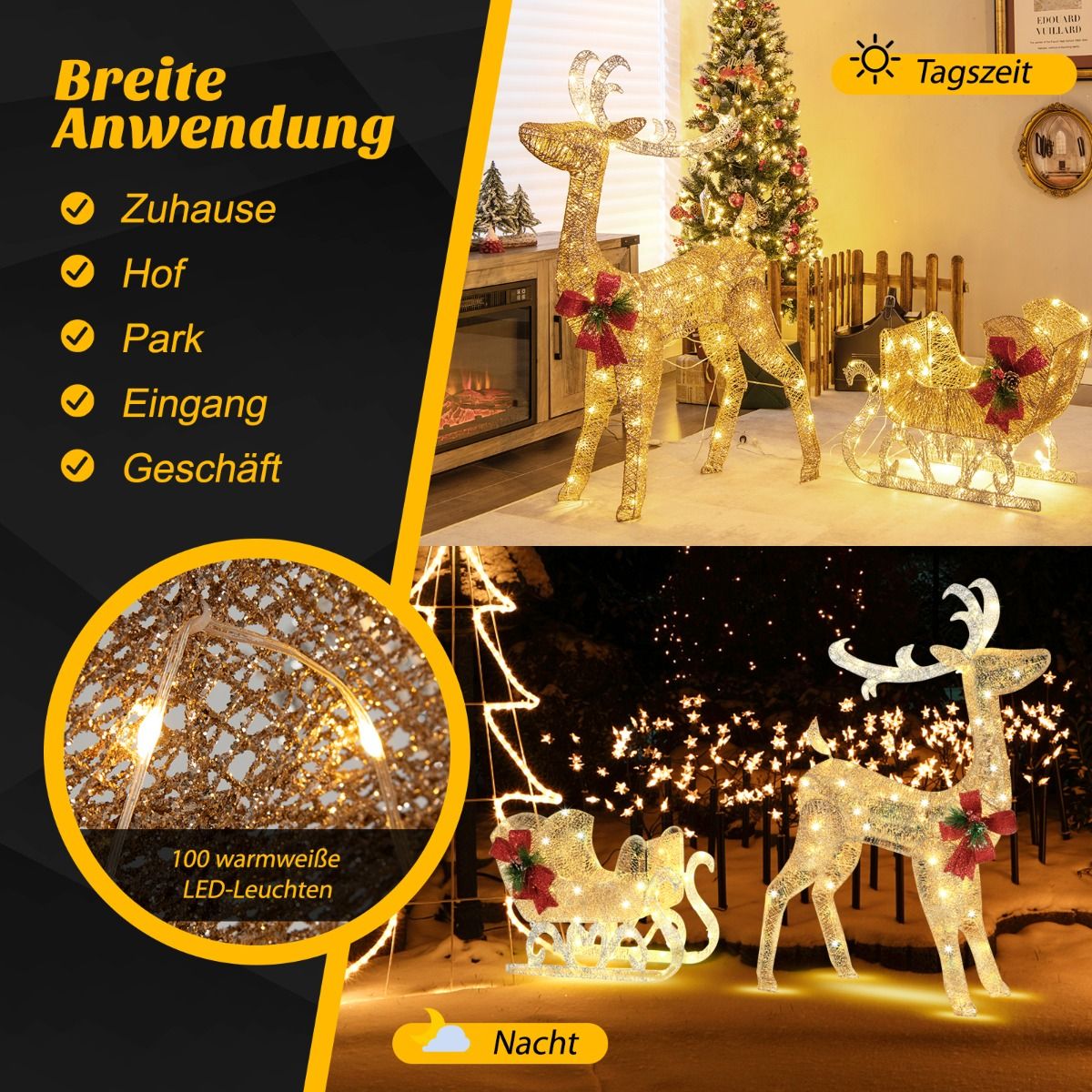 Beleuchtetes Weihnachts-Rentier mit Schlitten