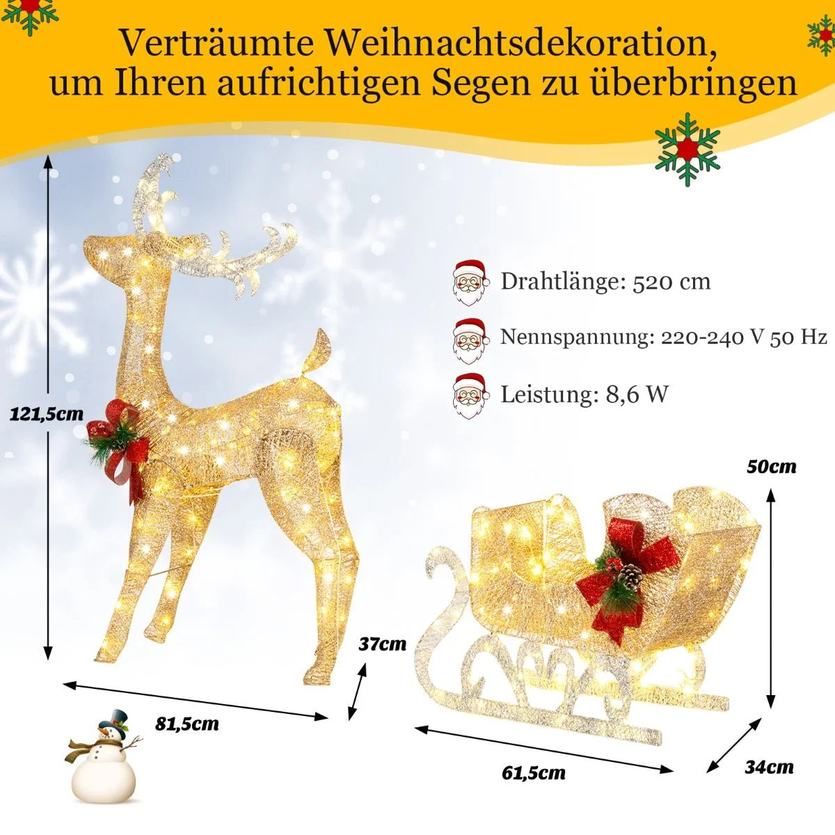 Beleuchtetes Weihnachts-Rentier mit Schlitten